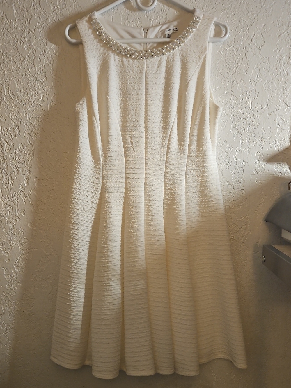 Beaded Neckline Cream Fit-and-Flare Dress